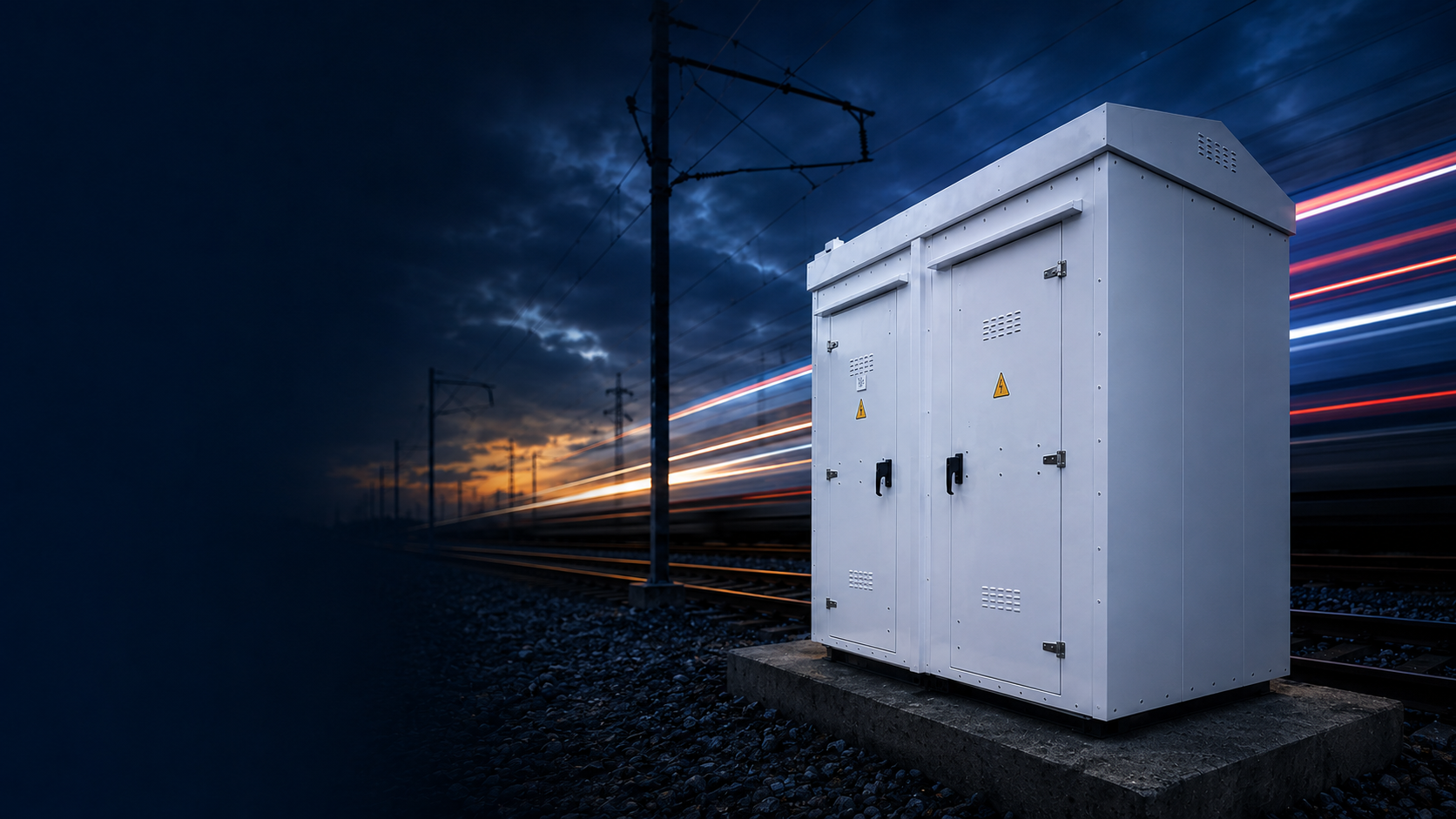 Armoire de signalisation SafeBox RT à proximité d’une voie ferrée au crépuscule
